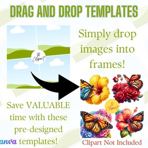 Puede incluir: Una plantilla digital para Canva con cuatro marcos con un fondo de cielo y colinas verdes. El texto "Simply drop images into frames!" est&aacute; escrito en negro. El texto "Save VALUABLE time with these pre-designed Canva templates!" est&aacute; escrito en negro. El texto "Clipart Not Included" est&aacute; escrito en negro.