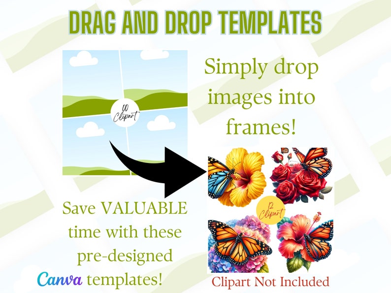 Puede incluir: Una plantilla digital para Canva con cuatro marcos con un fondo de cielo y colinas verdes. El texto "Simply drop images into frames!" est&aacute; escrito en negro. El texto "Save VALUABLE time with these pre-designed Canva templates!" est&aacute; escrito en negro. El texto "Clipart Not Included" est&aacute; escrito en negro.