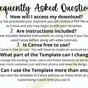 Puede incluir: Un gr&aacute;fico blanco y verde con el texto "Frequently Asked Questions" y una lista de preguntas y respuestas sobre el uso de una plantilla de Canva. Las preguntas incluyen: &iquest;C&oacute;mo accedo a mi descarga? &iquest;Se incluyen instrucciones? &iquest;Canva es de uso gratuito? &iquest;Qu&eacute; parte de la plantilla puedo cambiar? &iquest;Puedo usar la plantilla m&aacute;s de una vez?