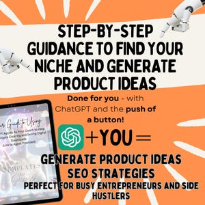 May include: A digital illustration of a robot hand pointing to a screen with the text "Step-by-Step Guidance to Find Your Niche and Generate Product Ideas". The text "Done for you - with ChatGPT and the push of a button!" is also on the screen. The screen is surrounded by a bright orange background with white rays emanating from the center.