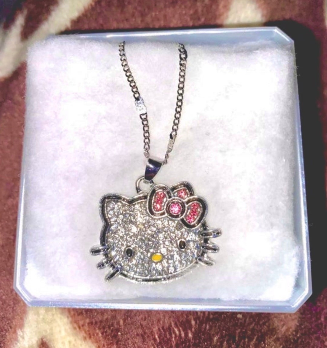 Kawaii Cute Y2K Kitty Crystal Diamond Rhinestone Pendent Charm Necklace Jewellery w/Gift Box