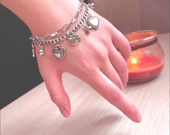 Lindas joias com pulseira dupla com pingente de coração de gatinho Kawaii