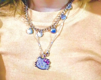 Kawaii Cute Y2K Kitty Crystal Diamond Rhinestone Pendent Charm Necklace Jewellery w/Gift Box