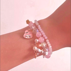 Pink Kawaii Cute Beaded Crystal Bracelet with Pendant Kitty Jewellery