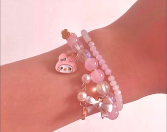 Pulseira de cristal rosa kawaii fofa com miçangas e pingente de joias de gatinho