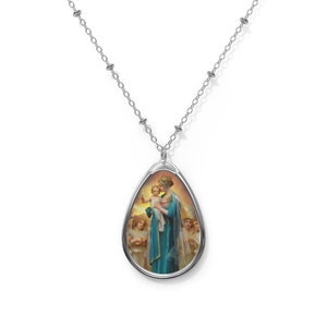 Blessed Mother and Infant Jesus the Christ Blue Madonna Christian Catholic Christmas Oval Pendant Necklace