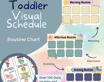 Op de afbeelding: Een visueel schema voor peuters met kleurrijke illustraties en tekst. Het schema omvat ochtend-, middag- en avondroutines. De tekst luidt "Toddler Visual Schedule, Routine Chart, Over 100 Daily routine and activity Cards".