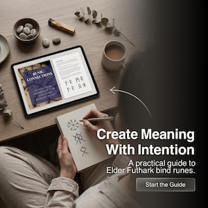 May include: A digital tablet displaying a book titled Runic Connections, a practical handbook for creating binding runes, alongside a notebook with hand-drawn symbols, a ceramic mug, and small stones. Text reads: Create Meaning With Intention.