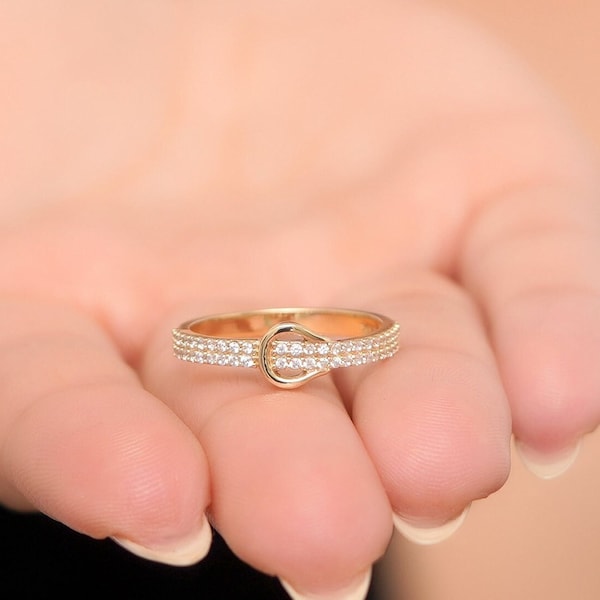 14K Solid Gold Diamant Schnalle Ring / 48 Diamanten, 0.24 CTW / Gürtelschnalle Ring / Minimalistischer Zierlicher Ring / Weiß, Gelb, Roségold