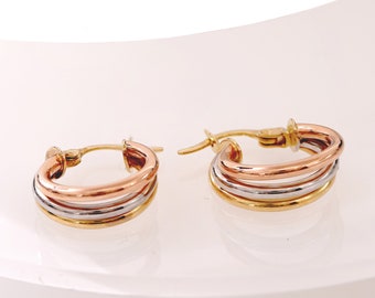 14K Solid Gold Tricolor Triple Round Tube Hoop Earrings, Fashion Hoop Earrings, Rose Yellow and White Gold Vintage, Three Color, Three Tone