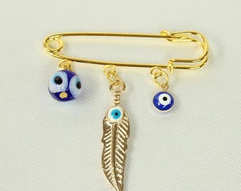 Gold-Plated Evil Eye Safety Pin Brooch – 2 Styles Available