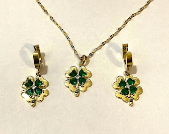 3pcs 18K Gold Lucky Clover Jewelry Set – Emerald Green Zirconia Necklace & Earrings, Stainless Steel, St. Patrick’s Day Gift, Gift for Her
