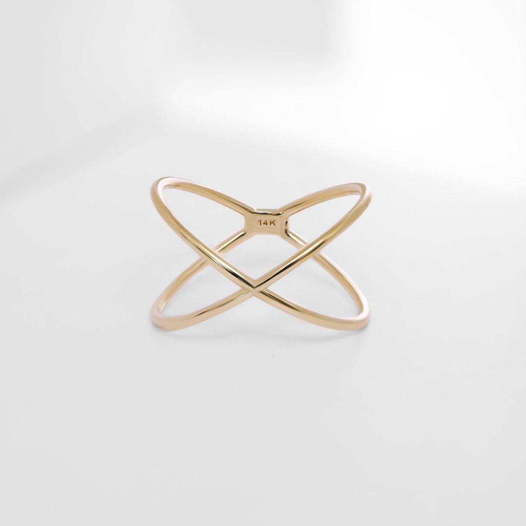 14K Solid Gold Criss Cross Ring / X Ring / Double Band / White Gold ...