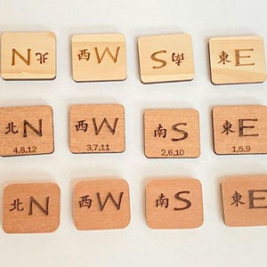 May include: Wooden square tiles with engraved compass directions in English and Chinese characters. Some tiles have numbers. The tiles are in shades of light and medium brown.