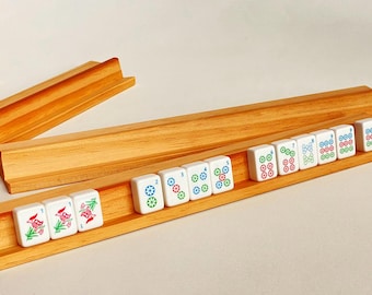 Set De 4 Supports De Tuiles Mahjong 40 Cm – Avec Rebords Avant Et Arrière, Bois Naturel, Pour Jeu De 13 Tuiles