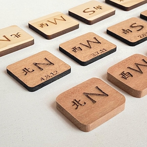 May include: Wooden square tiles with engraved compass directions and numbers. The tiles are in various shades of brown, with some having black edges. The text includes "N", "S", "W", and "E", along with numbers.