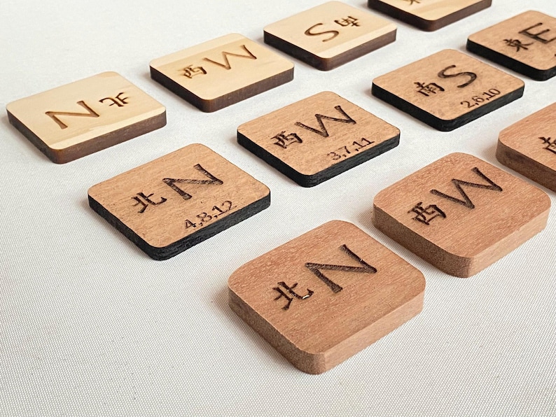 May include: Wooden square tiles with engraved compass directions and numbers. The tiles are in various shades of brown, with some having black edges. The text includes "N", "S", "W", and "E", along with numbers.