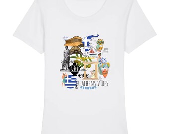 Camiseta con vibraciones de Atenas para mujer / algodón orgánico / tinta vegana / camiseta de viaje / regalo de viaje / envío sin plástico / camiseta con estampado de Atenas