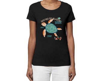 Camiseta con la frase "No al plástico" / algodón orgánico / tinta vegana / camiseta con estampado de tortugas / camiseta con estampado de océanos / moda ecológica / camiseta con estampado "Salva el océano"