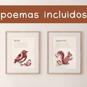 Set de 5 Animales con poemas en español Spanish poems bilingual Nursery Decor Earthy Printable Wall Art Animals Quilling Inspiring Prints