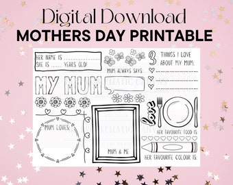 Mother's Day Printable, All About My Mom, Mothers Day Gift, Card for Mom, Activity Page, Mothers Day Coloring In Page, Mothers Day Activity