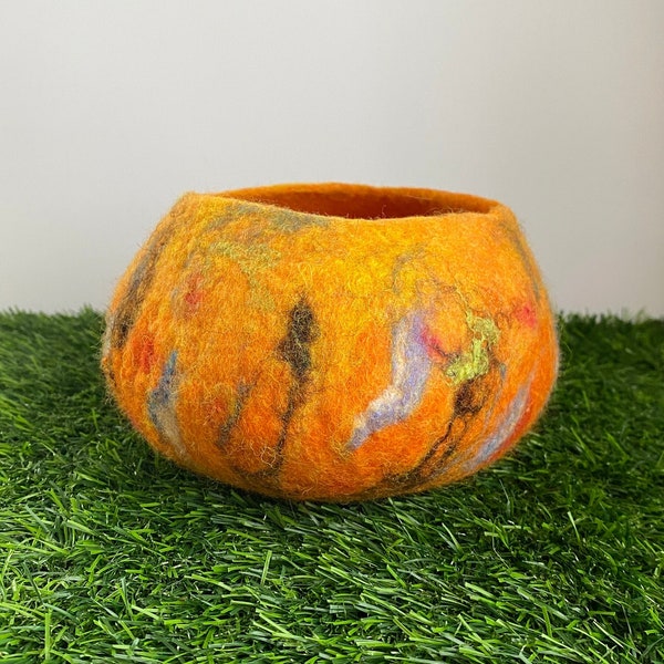 Vibrant orange wool vase, bold colored felted wool vessels, Mother's Day gift
