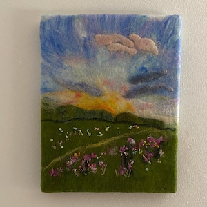 Sunset Flower Field Wool Painting | 11x14 Sky Clouds Artwork | Wildflower Landscape