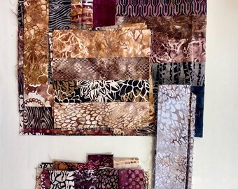 Brown Maroon Muted Batik Quilting Fabric Lot - Unfinished Quilt Top Blocks Fabric Strips