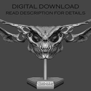 May include: A grayscale 3D-printed mask of a creature skull with large, wing-like structures extending from the sides. The mask is mounted on a stand with the word "GREMLINS" on the base. The text "DIGITAL DOWNLOAD READ DESCRIPTION FOR DETAILS" is at the top.