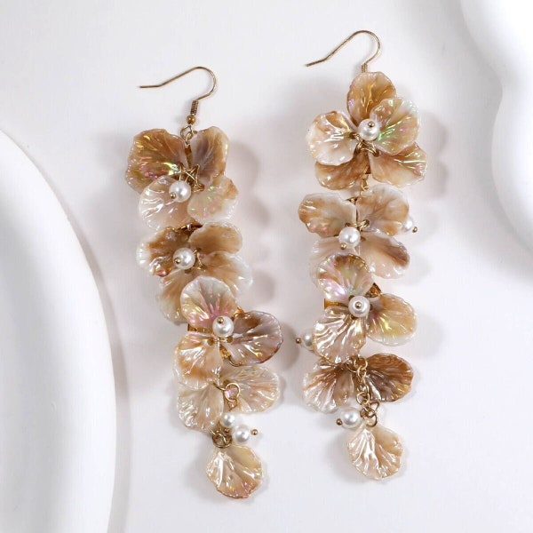 Flower Earrings-Pearl Shell Earring-Pearl Earrings-Cascading Floral Earrings-Large Flower Earrings-Party Earrings-Shining Seashell