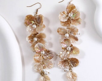 Flower Earrings-Pearl Shell Earring-Pearl Earrings-Cascading Floral Earrings-Large Flower Earrings-Party Earrings-Shining Seashell