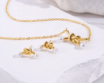 Bow Jewelry, Pearl Jewelry Set, Freshwater Pearl Drop Earrings and Necklace, Dainty Pearl Necklace, Gold Necklace,Gold Jewelry Set for Women