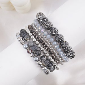 Boho Beaded Bracelet Sets-Set of 7 Gray Bracelet-Black and Silver Bracelet-Charcoal Gray Bracelet-Shamballa Bead Bracelet-Stackable Bracelet