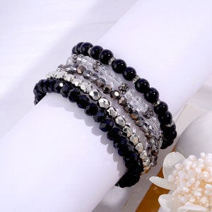 Sterling Silver Black Onyx Beaded Bracelet, Natural Onyx Stone Bracelet, Bracelet Set, Black and Silver Bracelet, Healing Crystal Bracelet