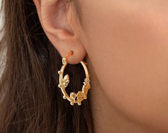 Golden Flower Hoop Earrings, 14K Copper Gold-Plated Round Hoop, Lightweight Hoops, Dainty Pair Earrings, Natural Plant Flowers Hoops