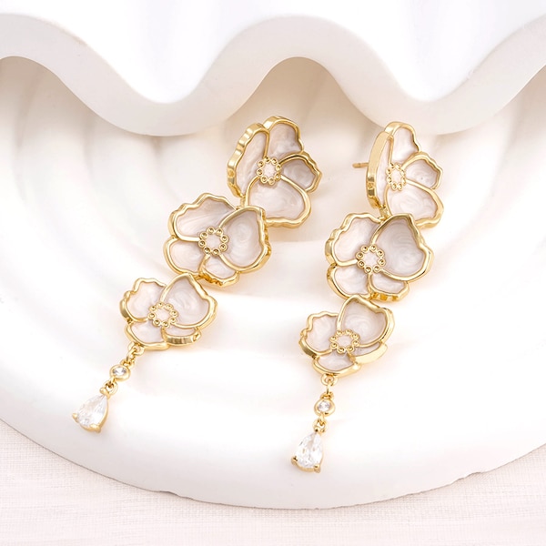 Mother Of Pearl Flower Earrings-White And Gold Statement Earrings-Long Earrings-Flower Pearl Earrings-Valentines Day Present