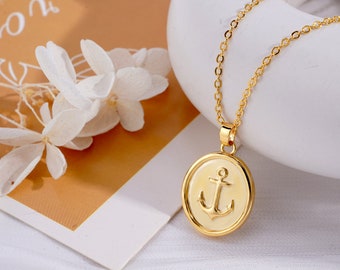 14K Gold Plated Anchor Necklace, Beach Necklace, Guardian of The Ocean, Tiny Gold Anchor Charm Necklace, Round Cute Necklace