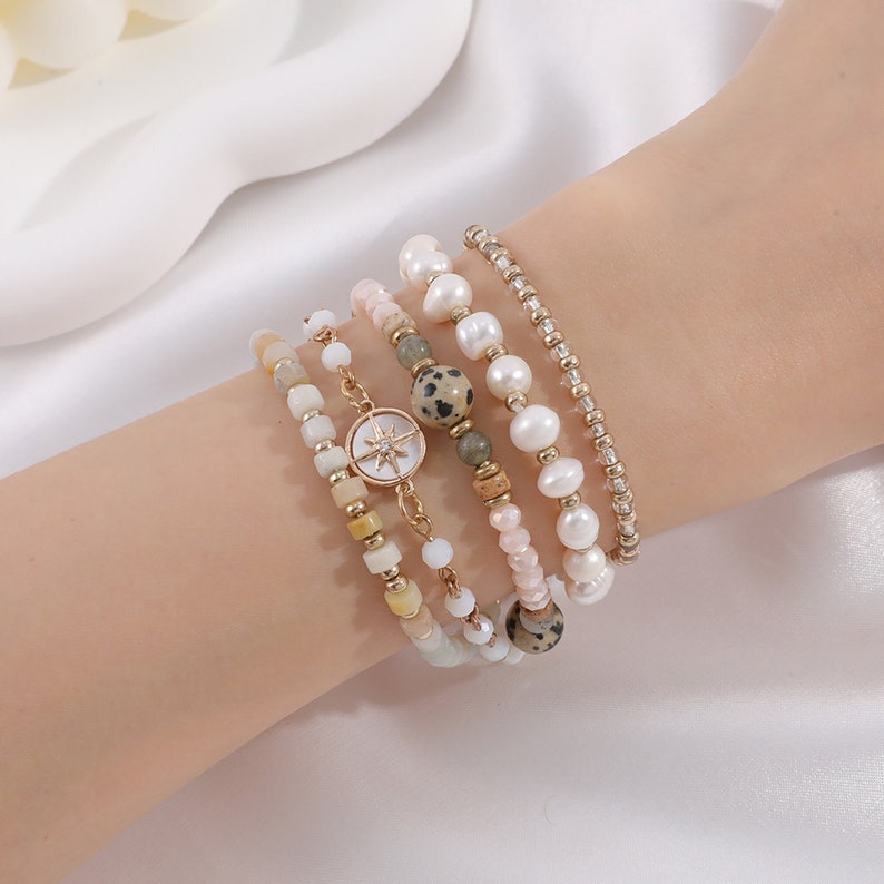 Boho Beaded Bracelet Set, Energy Protection Bracelet, Eight-Pointed Star Pendant, Pearl Bracelet, Gemstone Bracelet, Healing Bracelet, Gift Style 1