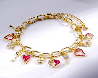 14K Gold Filled Charm Bracelets-Christmas Bracelets-Lock Key Charm Gold Bracelet-Alloy Drip Oil Bracelet-Friendship Bracelet-Paperclip Chain