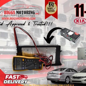 May include: A black electronic automotive control module with red and black wiring connected to a yellow digital multimeter displaying 32.0. The image includes text 11-17, Kia and Hyundai logos, and a digital display showing 32.1 V DC.