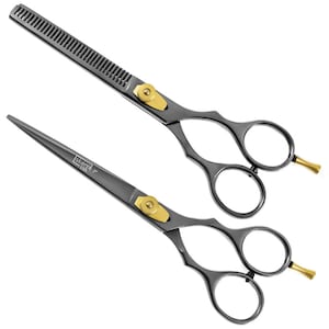 Conjunto de tesouras pretas de aço inoxidável, tesouras profissionais de 7 polegadas e tesouras de desbaste, conjunto de tesouras de barbeiro artesanais