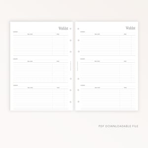May include: Two-page spread of a printable wishlist template. Each page has sections for category, item/shop, and price. The word "Wishlist" is at the top of each page. The bottom of the image reads "PDF DOWNLOADABLE FILE".