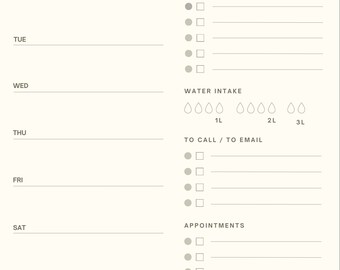 Può includere: Un planner settimanale con un design semplice. Include sezioni per i compiti quotidiani, la priorità della settimana, l'assunzione di acqua, le chiamate/e-mail, gli appuntamenti e un elenco di cose da fare con caselle di controllo per iniziare, ok, ritardare, bloccato e annullare.