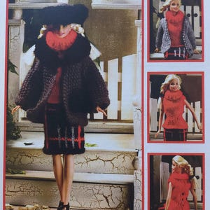 May include: A knitting pattern for a doll outfit called "County Girl". The pattern includes a black and red skirt, a black sweater, and a red sweater. The pattern is for 11.5 inch fashion dolls.