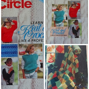 May include: A vintage "Family Circle" magazine cover showcasing knitting and crochet patterns. The cover displays images of knitted vests, sweaters, and a patchwork blanket. Text reads "Learn to Knit and Crochet Like a Professional."