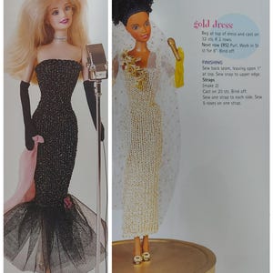 Fashion doll 11.5in evening dresses x2 digital PDF knitting patterns in 3/4 ply yarns. This is a digital PDF download.