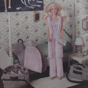 Vintage fashion doll ensemble digital PDF sheath, tunic n jumpsuit knitting patterns in baby yarn. This is a digital download pattern.