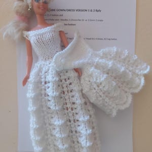 My own fashion doll dress/gown in 4ply and 8ply yarn, digital PDF knitting pattern i designed. This is a digital download.
