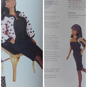 May include: A Barbie doll wearing a black dress and a white jacket with black polka dots. The doll is seated on a gold-colored chair. The image is from a knitting pattern book.