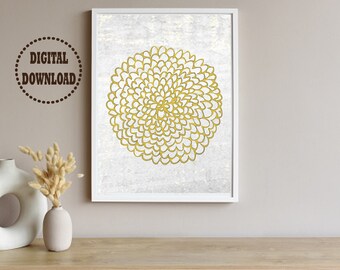 Puede incluir: Una impresión artística enmarcada con un diseño floral dorado sobre un fondo blanco texturizado. La obra de arte está en un marco blanco y está etiquetada como "DESCARGA DIGITAL" en un círculo marrón. La impresión se muestra sobre una superficie de madera con jarrones decorativos.